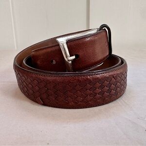 MEZLAN Woven Leather Belt Brown Silver Buckle Spain Size 38 Quiet Luxury
